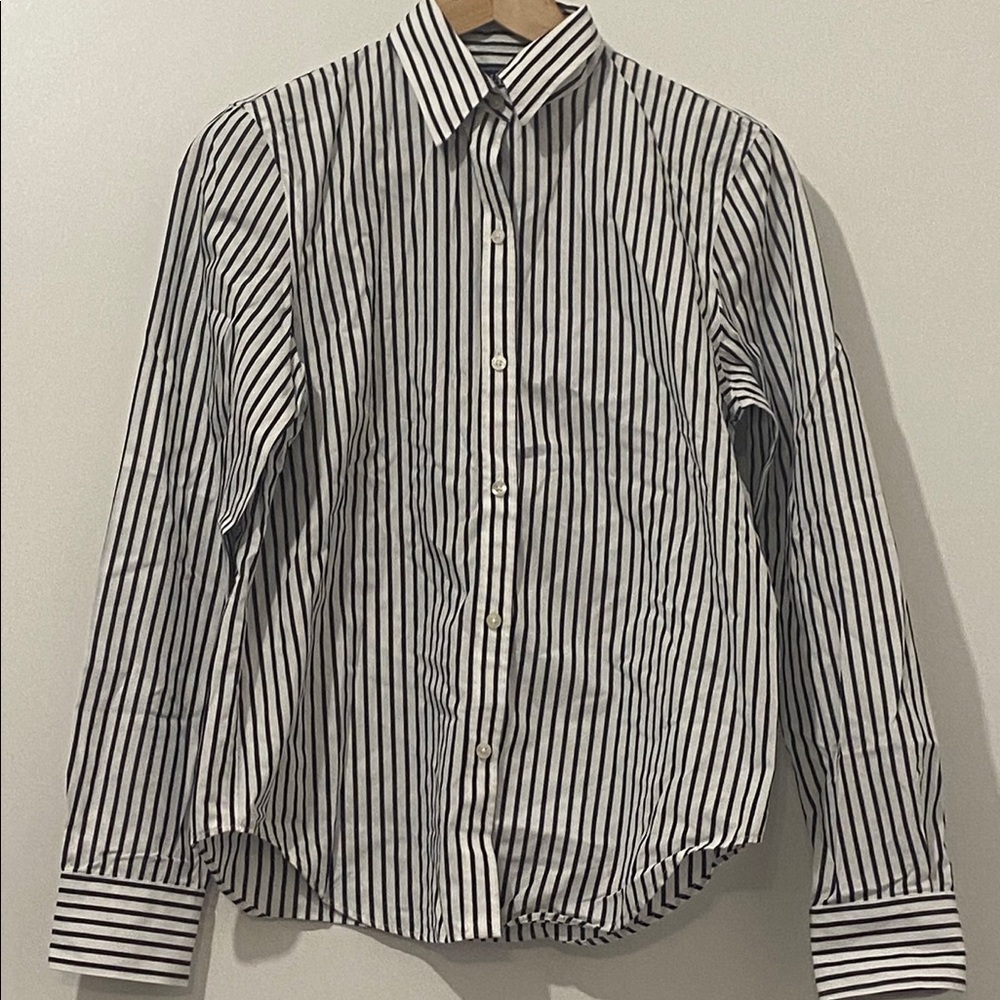 Chaps button down black and white striped shirt.